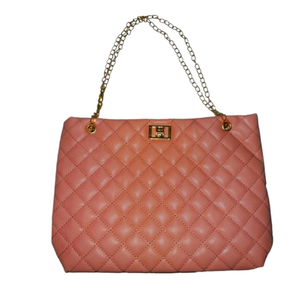 Pink Quilted Puffy Tote Handbag with Gold Chain